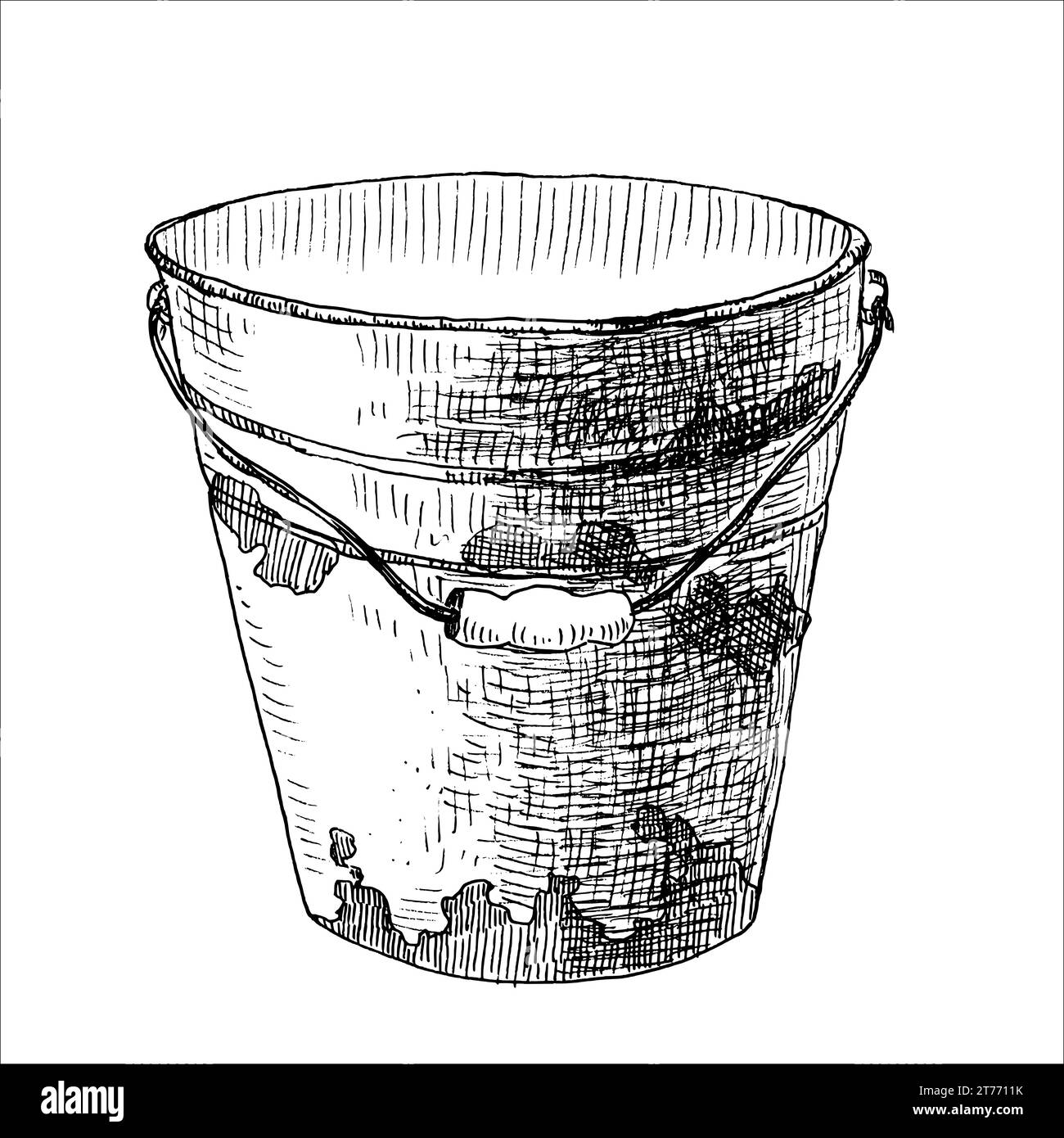 Rustic iron metal bucket. Vector painting isolated on white background. Fishing. Hand drawn sketch picture, Linear drawing Stock Vector