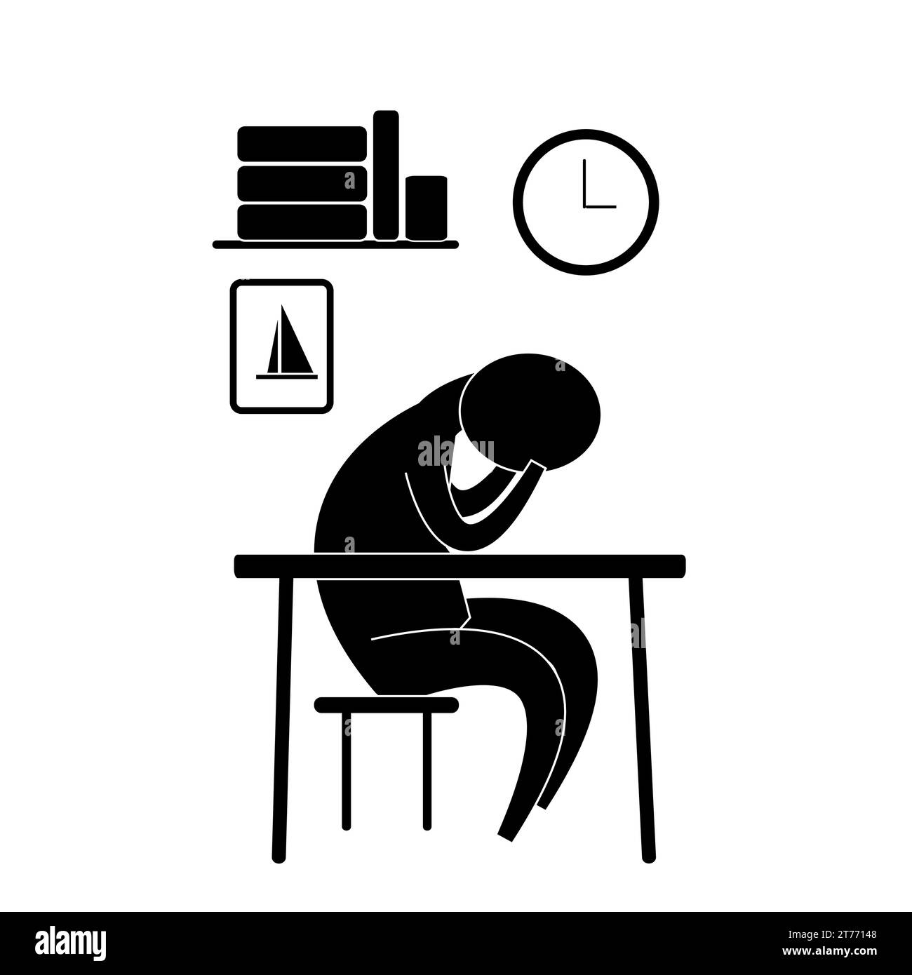 Icon silhouette of a man sitting on a chair with his head bowed in his hands. Above it is a shelf with books, a picture and a clock. Concept of unwill Stock Vector