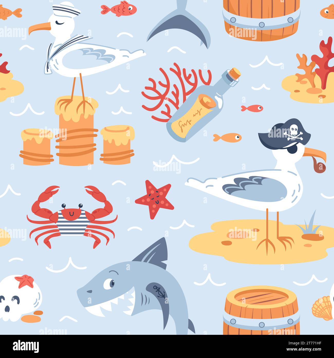 Childrens pirate seamless pattern. Cartoon characters. Seagull sailors, Ship captain with cocked hat. Shark, crab in vest. Bottle, corals, skull, barr Stock Vector