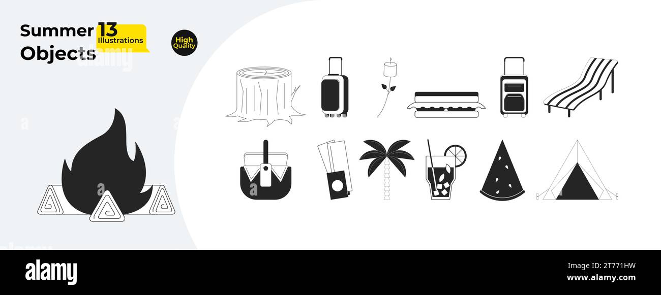 Fun summer black and white 2D line cartoon objects bundle Stock Vector