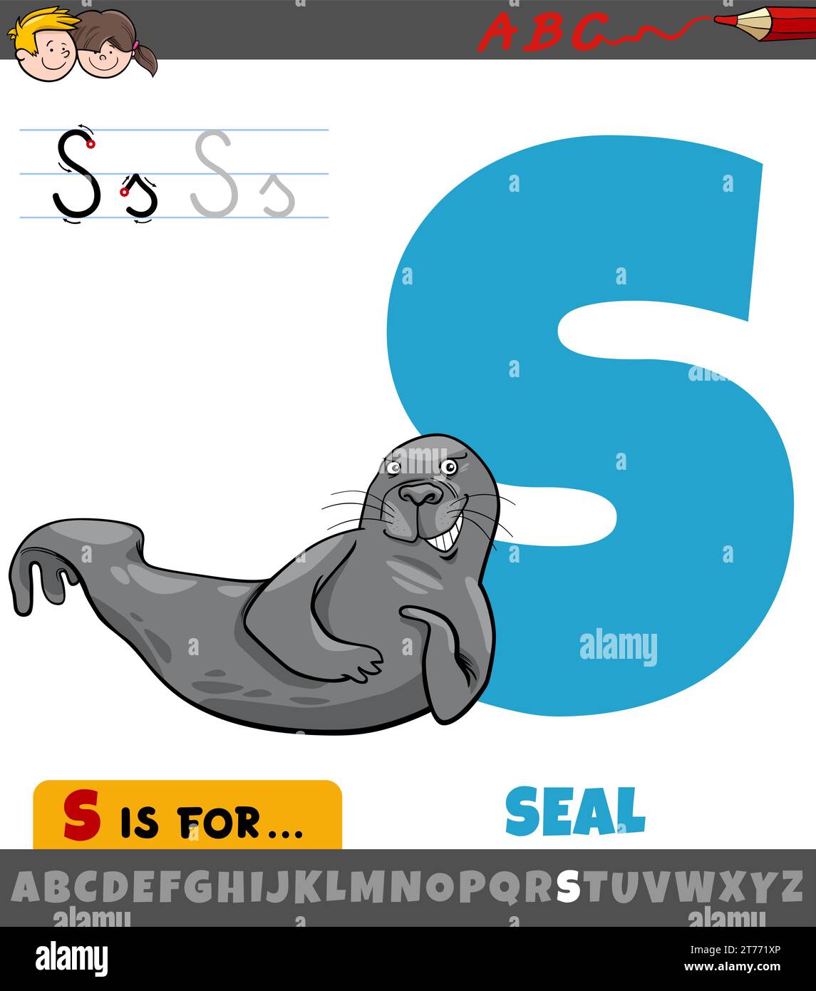Educational cartoon illustration of letter S from alphabet with seal Educational cartoon illustration of letter S from alphabet with seal