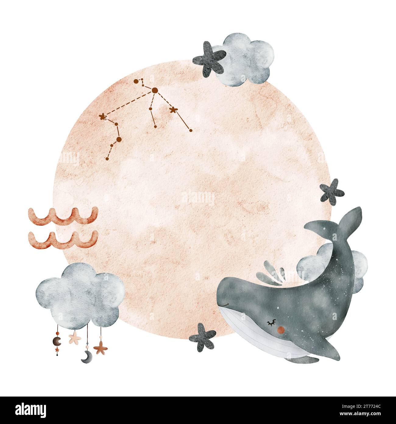Watercolor children's composition of zodiac sign Aquarius, cloud, stars