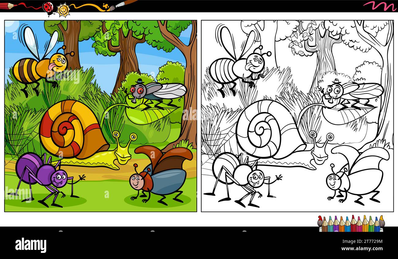 Comic Insect Page cartoon illustration of funny insects and snail animal characters ...