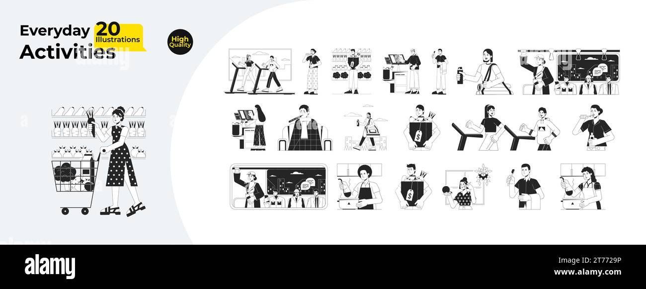 Daily life activities black and white cartoon flat illustration bundle Stock Vector