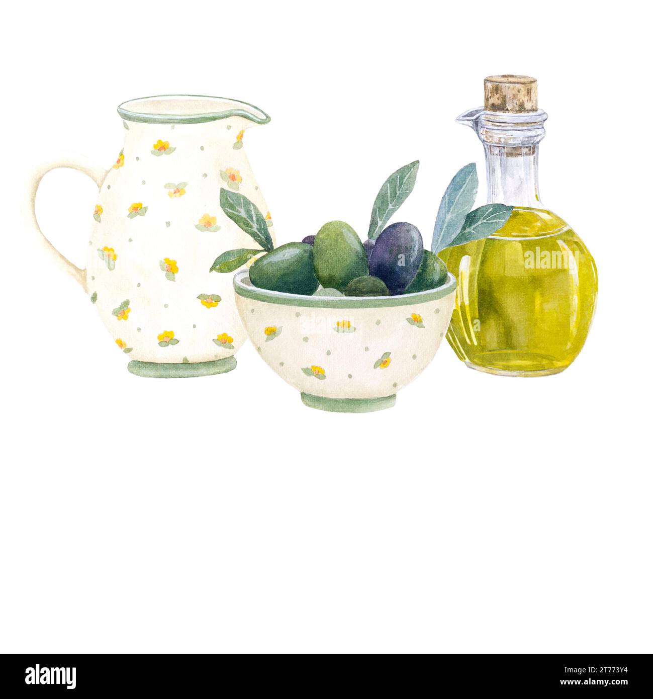 Watercolor draw with juicy olives and Olive oil in glass bottle. Hand ...