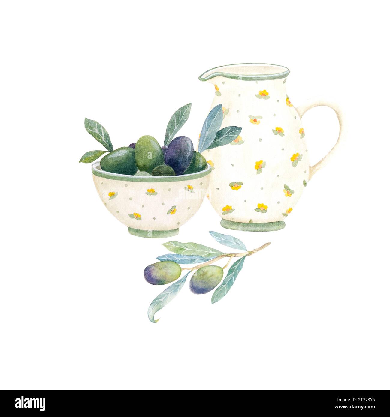 Watercolor hand draw bowl with olives and ceramic jar. Watercolor olive branch Stock Photo