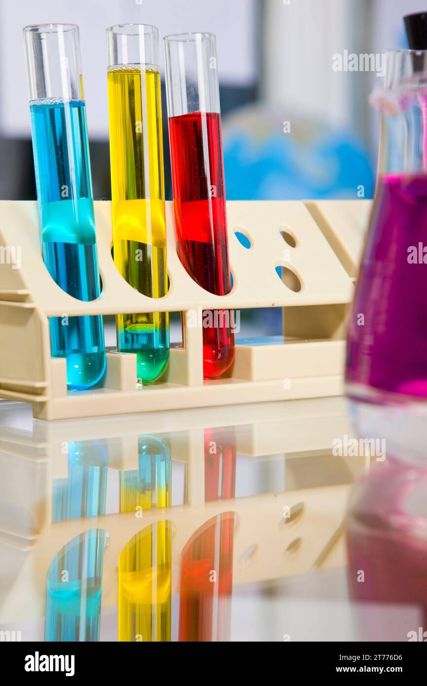 Test tubes and flask with colorful fluids Stock Photo Alamy