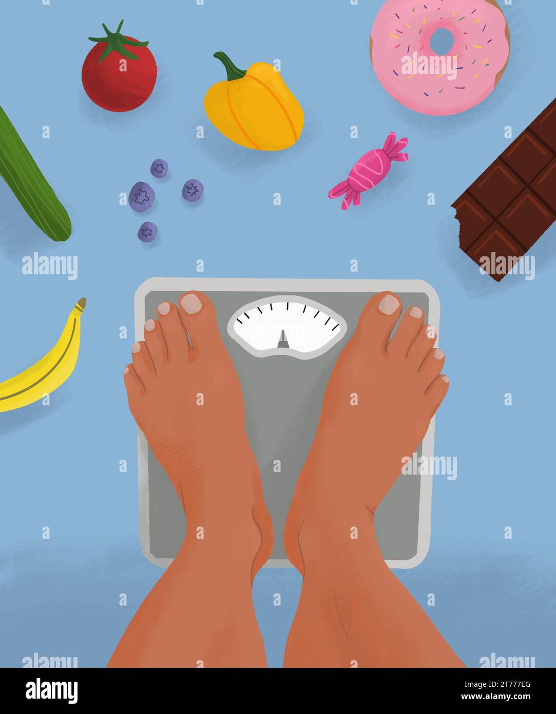 https://c8.alamy.com/comp/2T777EG/pov-view-from-above-barefoot-woman-standing-on-weight-scale-surrounded-by-unhealthy-and-healthy-food-2T777EG.jpg