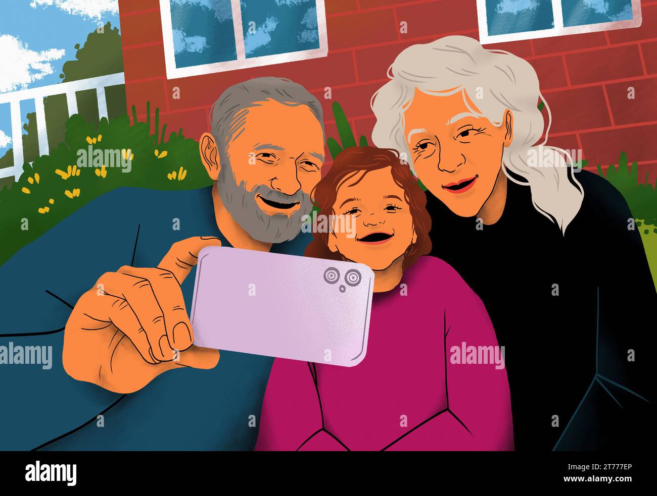 Happy grandparents and granddaughter taking selfie with smart phone