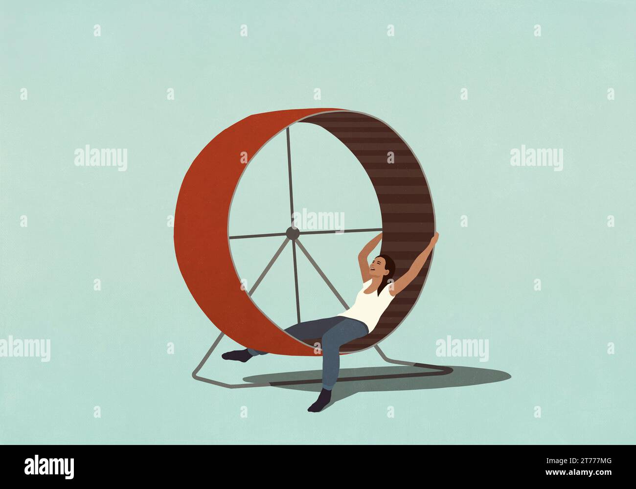 Tired woman laying inside hamster wheel Stock Photo
