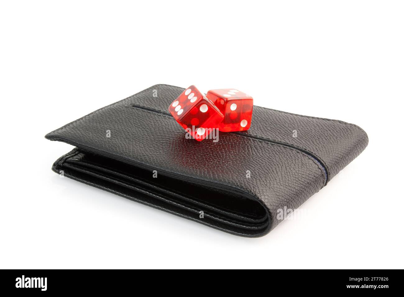 red dice on the leather wallet on white background Stock Photo