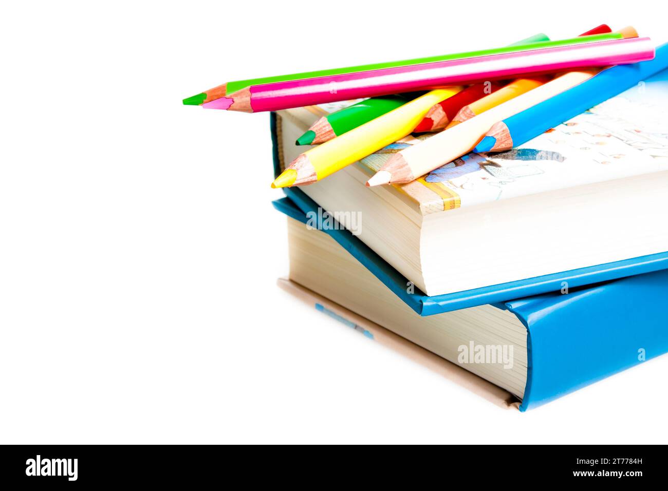 time to school, books and colorful pencils on white background Stock Photo