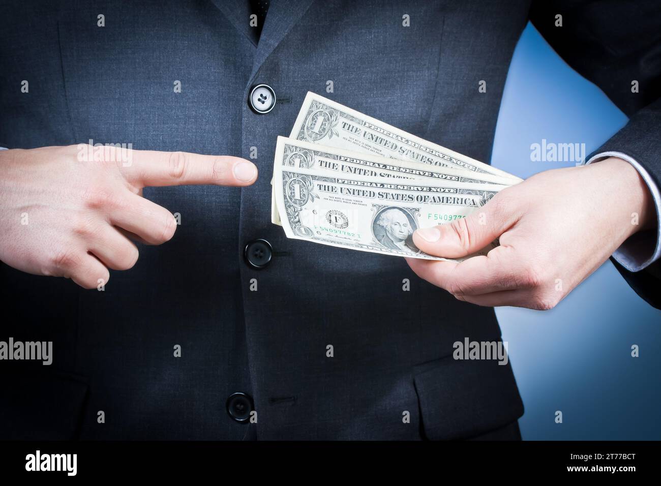 detail of businessman with dollars in his hand on blue background, concept for business and earn money Stock Photo