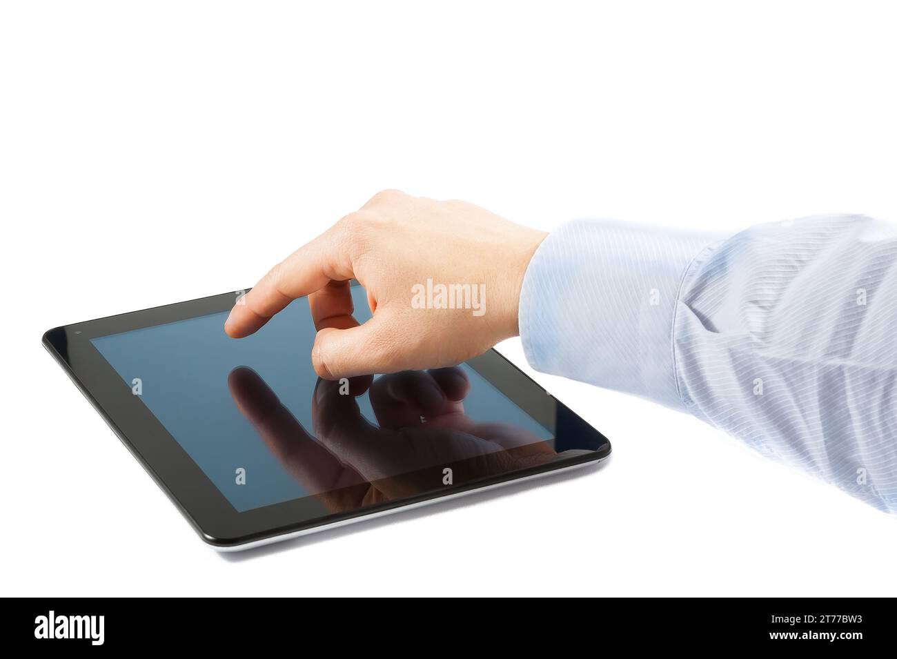 businessman hand touch tablet pc on table, with space for text Stock Photo