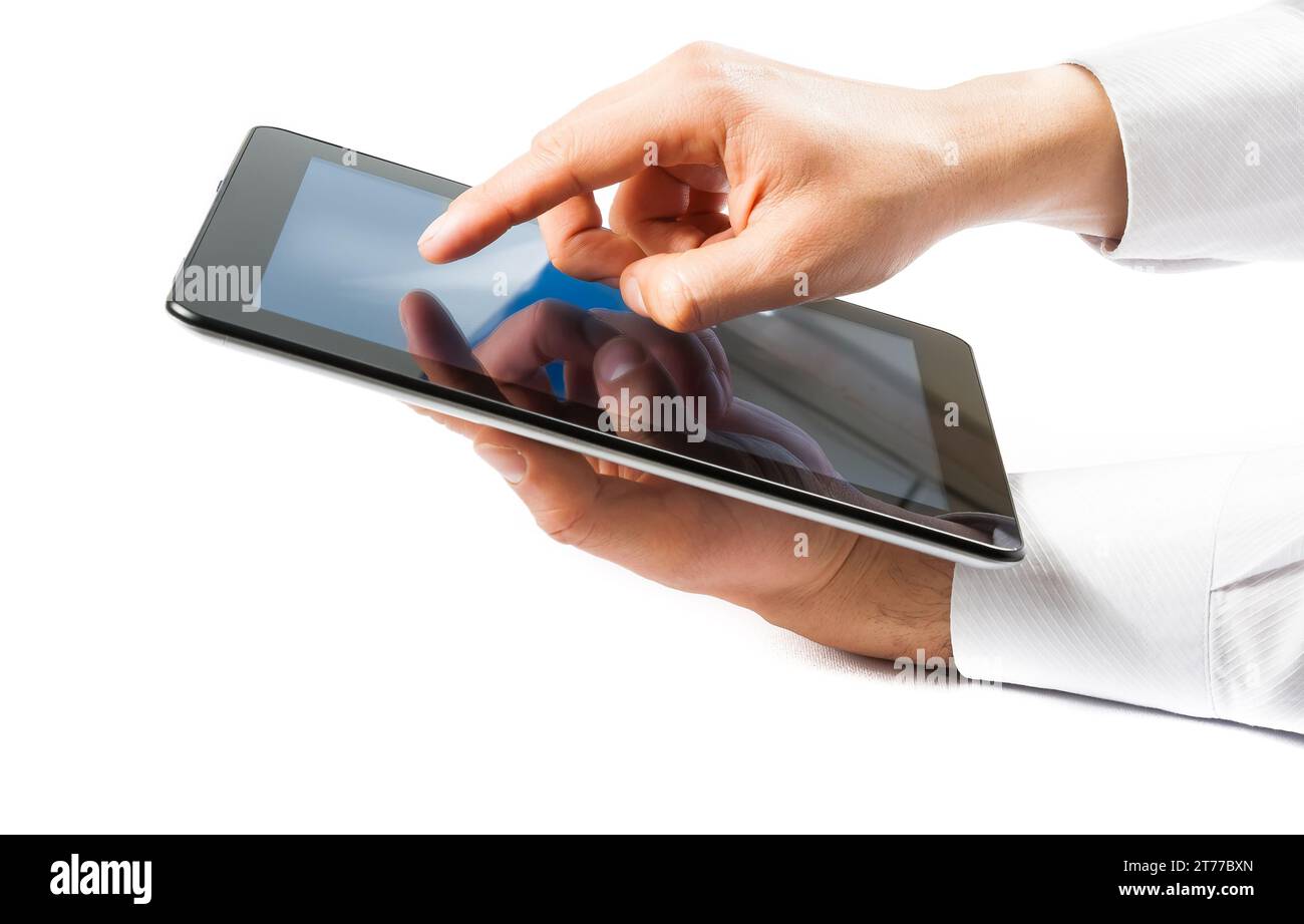 businessman holding digital tablet pc on white background Stock Photo