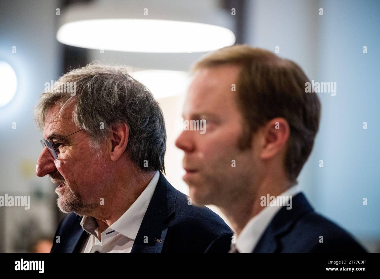 Brussels, Belgium. 14th Nov, 2023. N-VA's group chairman Wilfried Vandaele (L) pictured during a press conference regarding the agreement on the nitrogen decree by the Flemish government in Brussels, Tuesday 14 November 2023. BELGA PHOTO JASPER JACOBS Credit: Belga News Agency/Alamy Live News Stock Photo