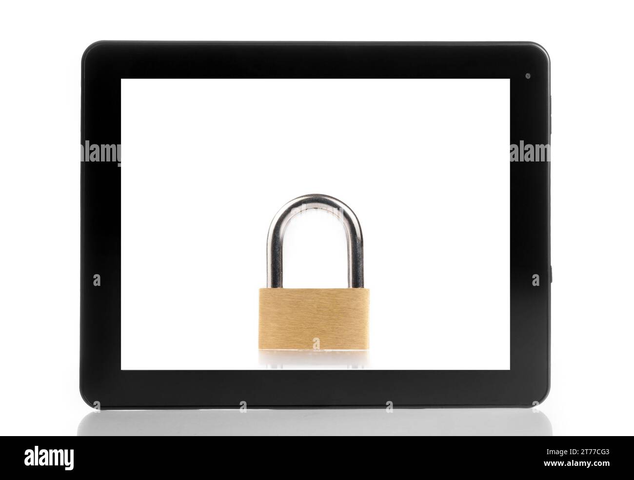 lock inside digital tablet pc on white background, internet security concept; lock inside digital tablet pc on white background, internet security concept Stock Photo