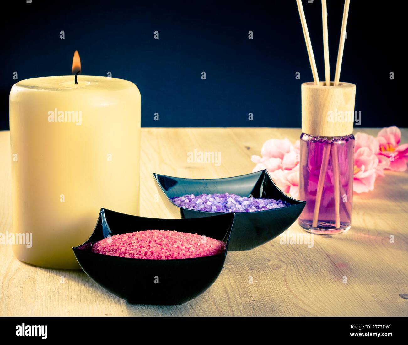 Spa massage border background with perfume diffuser and sea salt, warm atmosphere Stock Photo