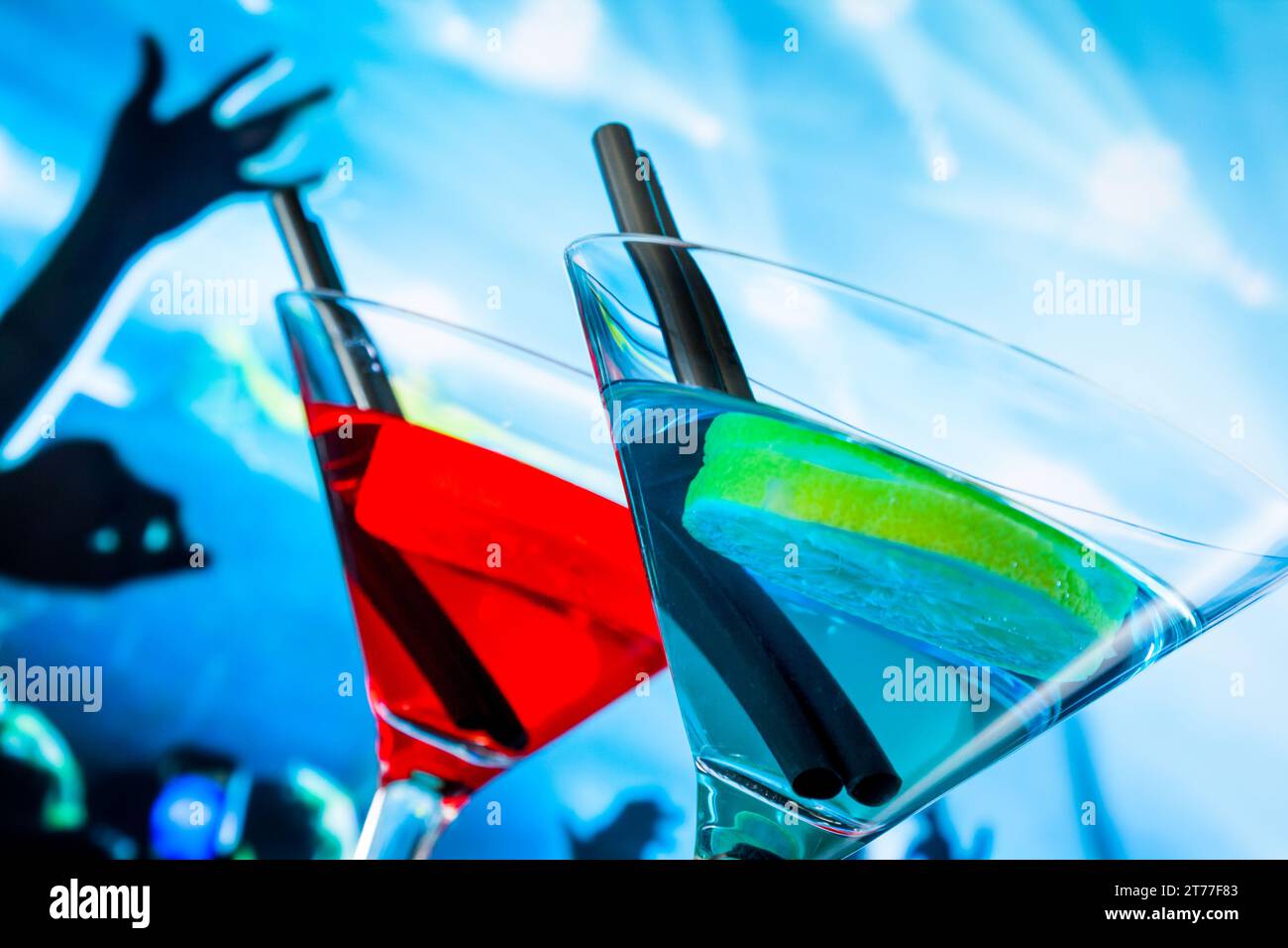 blue and red cocktail drink with space for text, disco atmosphere Stock Photo