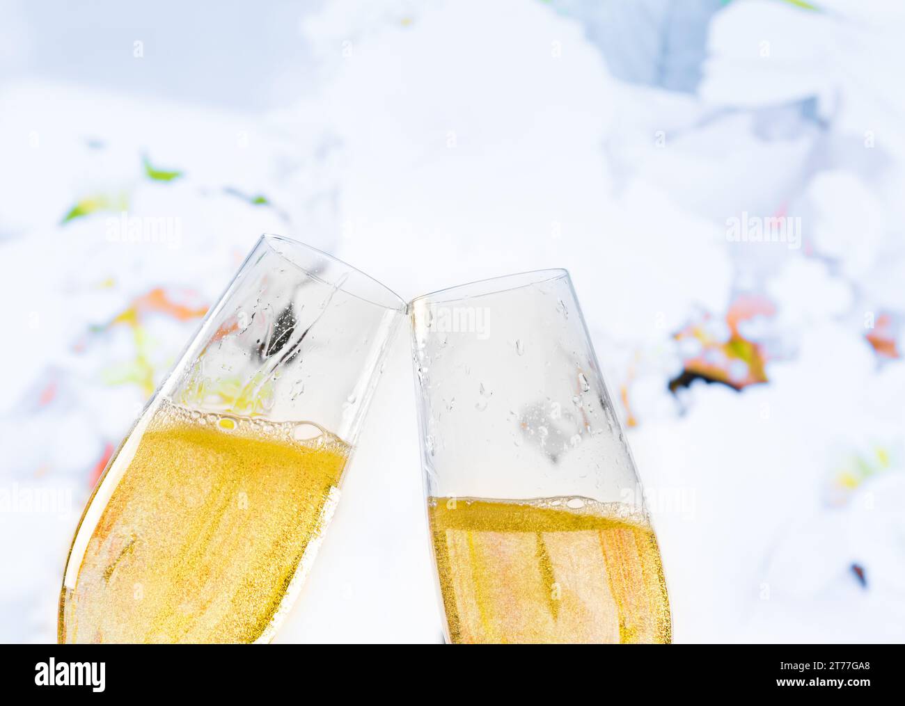 champagne flutes with golden bubbles make cheers on wedding flowers background Stock Photo