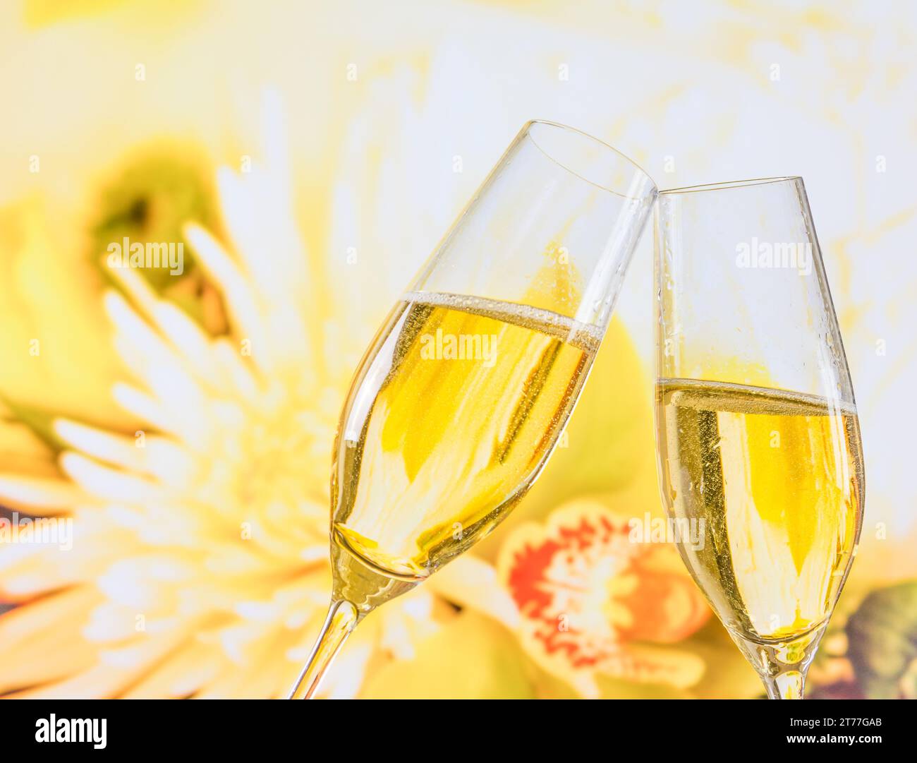 champagne flutes with golden bubbles make cheers on wedding flowers background Stock Photo