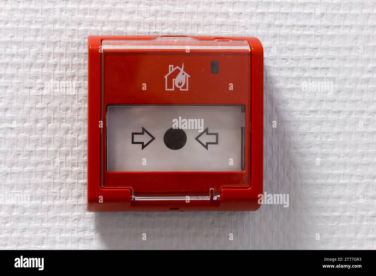 Pull station or call point, Manual fire alarm activation, Activated Notifier pull station, Modern fire alarm pull stations, Single action to pull down Stock Photo