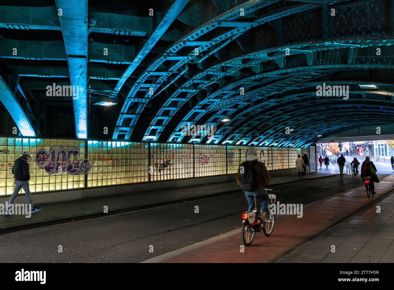 illuminated railway underpass at the streets Eigelstein ...