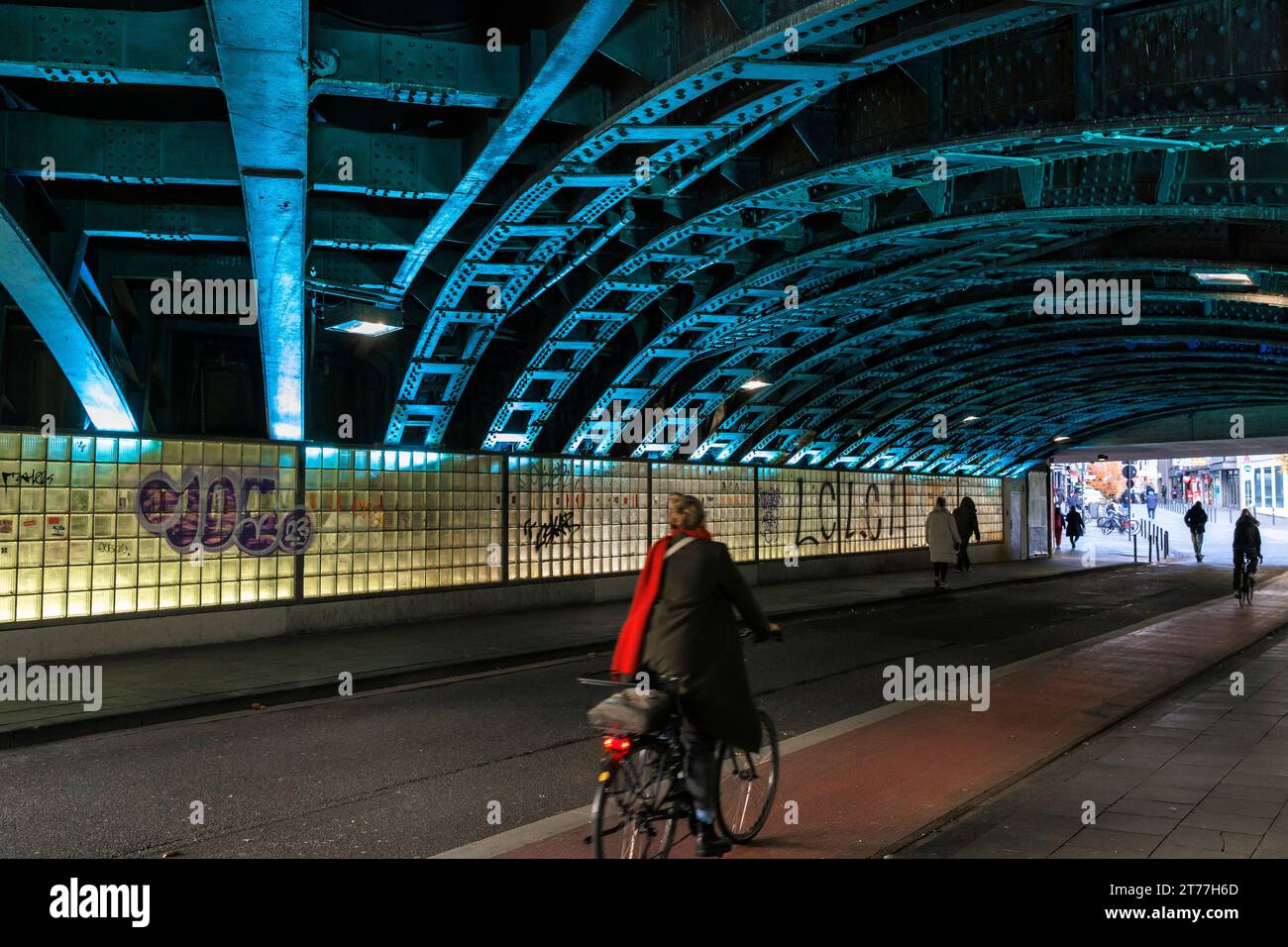 illuminated railway underpass at the streets Eigelstein ...