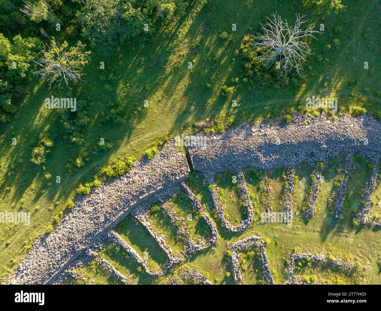 Ismannstorps Borg ruine, detail, aerial view, 2023-08-11 Stock Photo