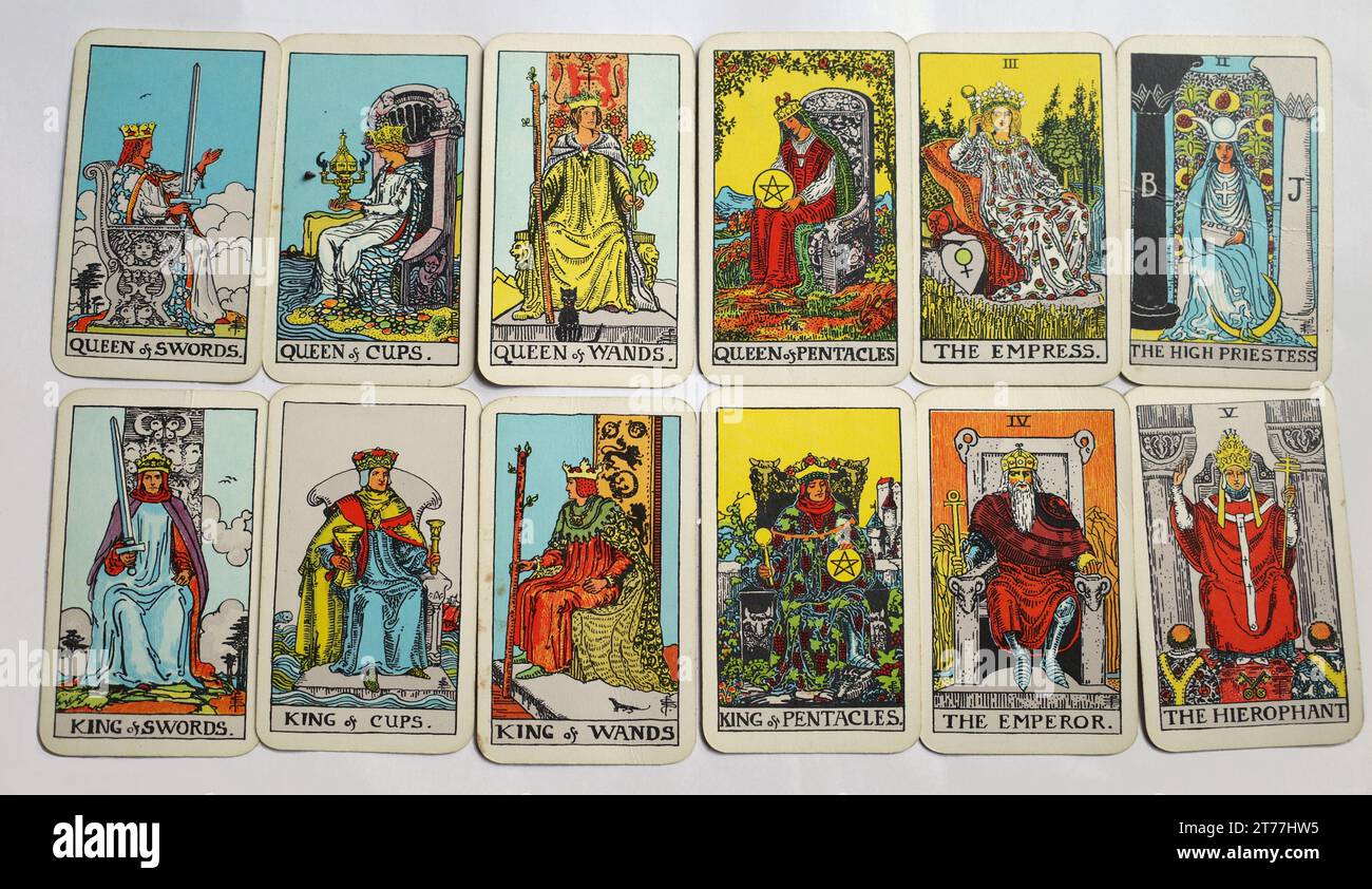 Kings and queens, emperor and empress, hierophant, high priestess from a tarot deck. Stock Photo