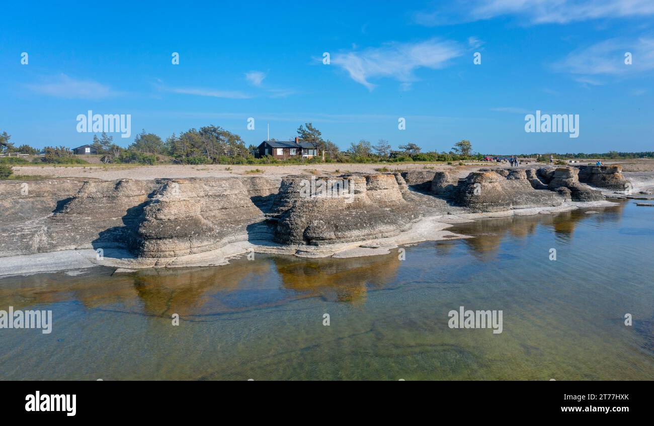 Byrums raukar limestone stacks on the shore, aerial view, Sweden, Oeland Stock Photo