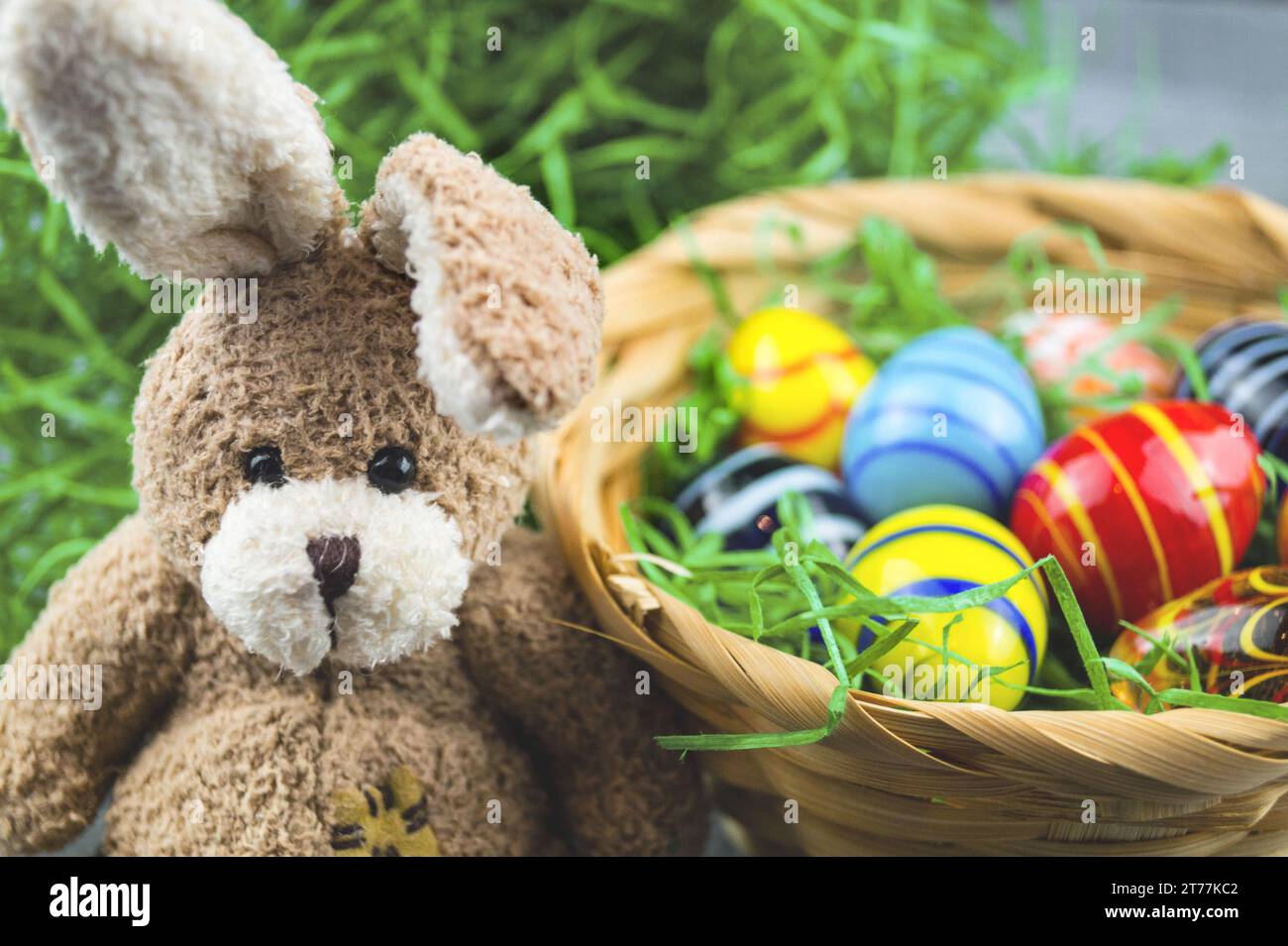 Easter bunny with Easter eggs in Easter nest Stock Photo