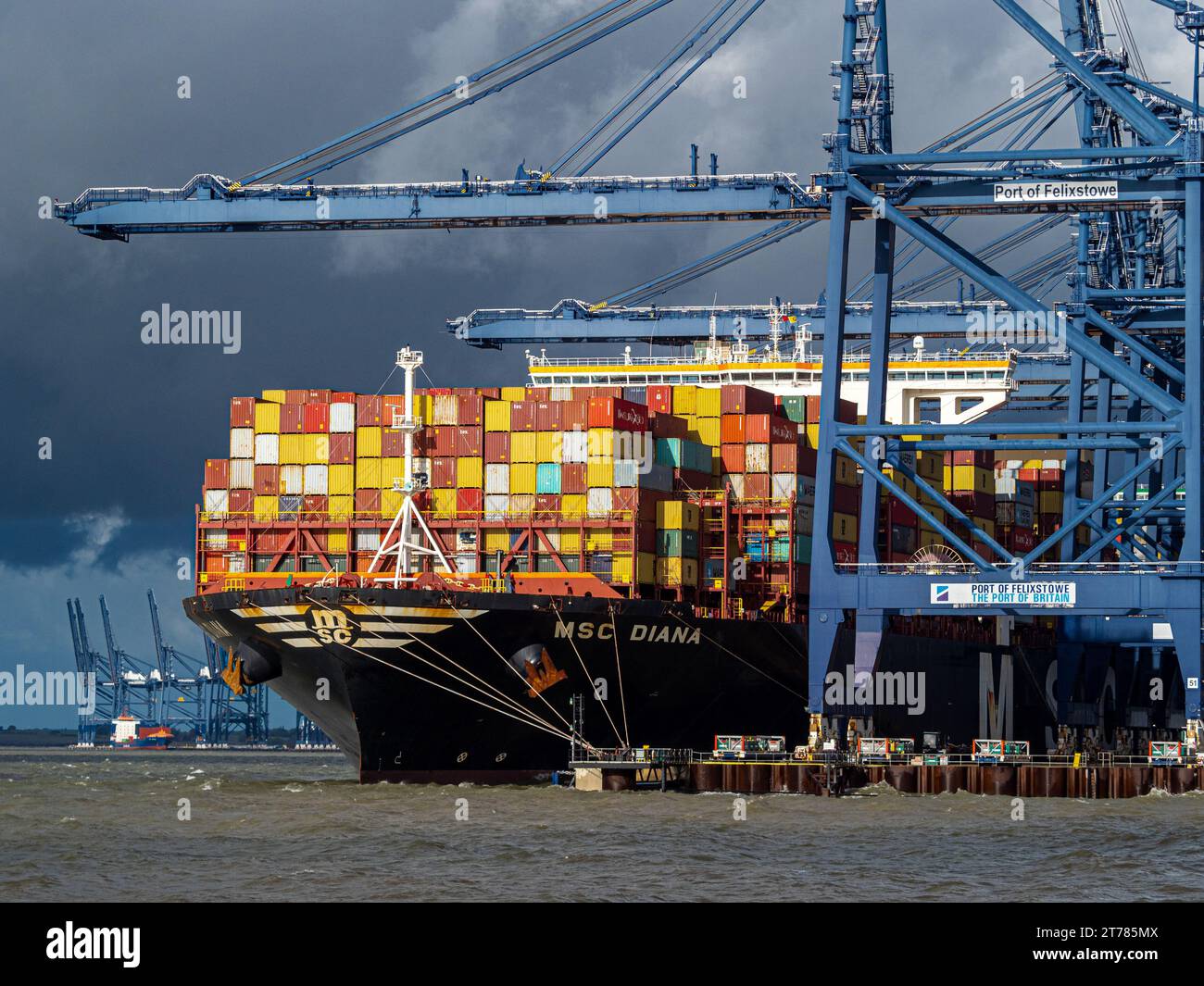 UK Trade. MSC Diana arrives at Felixstowe Port in the UK. Port of Felixstowe Container Port. Stock Photo