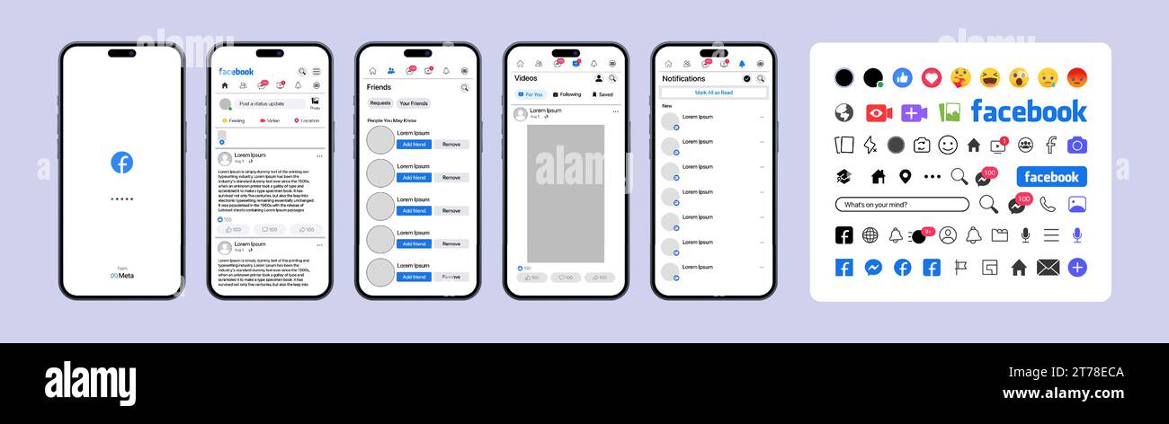 Facebook design. Set Facebook screen social media and social network interface template. Homepage, recommendations, subscriptions. Facebook photo fram Stock Vector