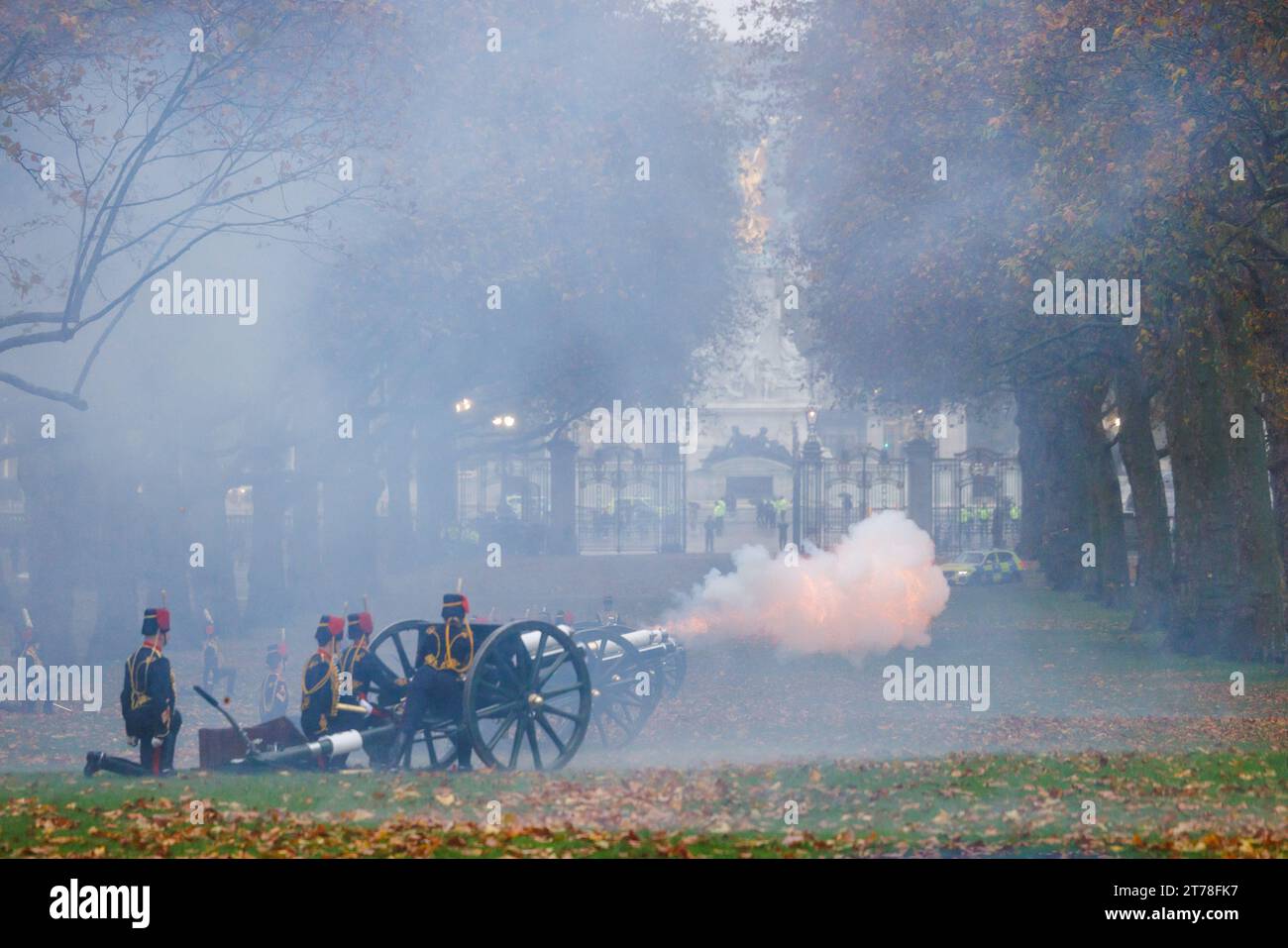 Green Park, London, UK. 14th November 2023.  The King’s Troop Royal Horse Artillery fire a 41 Gun Royal Salute in Green Park to His Majesty The King’s 75th birthday.   The soldiers, horses and Guns of The King’s Troop Royal Horse Artillery wear full dress uniform which includes gold braided jackets and busby hats. 71 horses pulling six First World War era 13-pounder Field Guns fired blank artillery rounds at ten-second intervals until forty-one shots had been fired. Photo by Amanda Rose/Alamy Live News Stock Photo