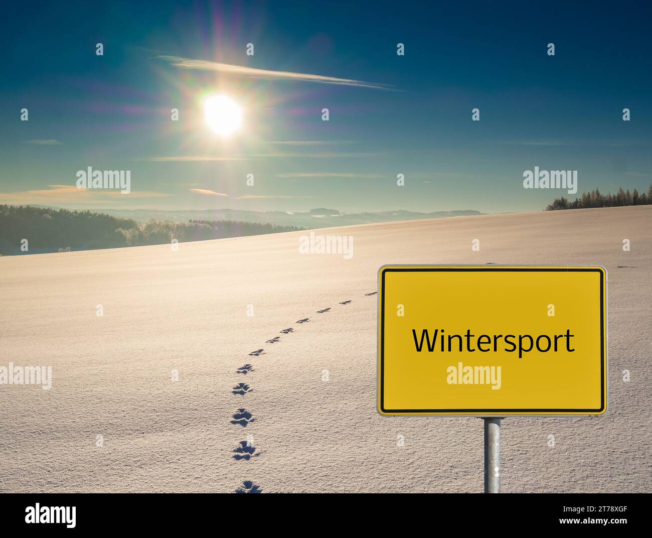 Yellow sign winter sports in German Stock Photo