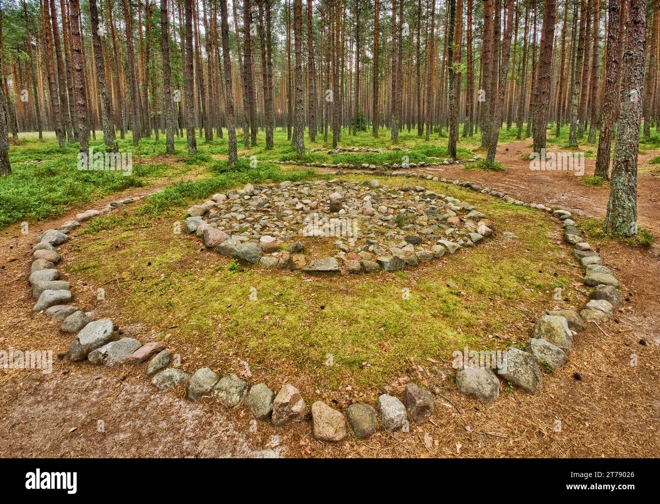 Wielbark culture neolithic stone circles and flagstones created by Goths (Geats) at Grzybnicki Forest preserve near Koszalin, Pomerania, West Pomerani Stock Photo