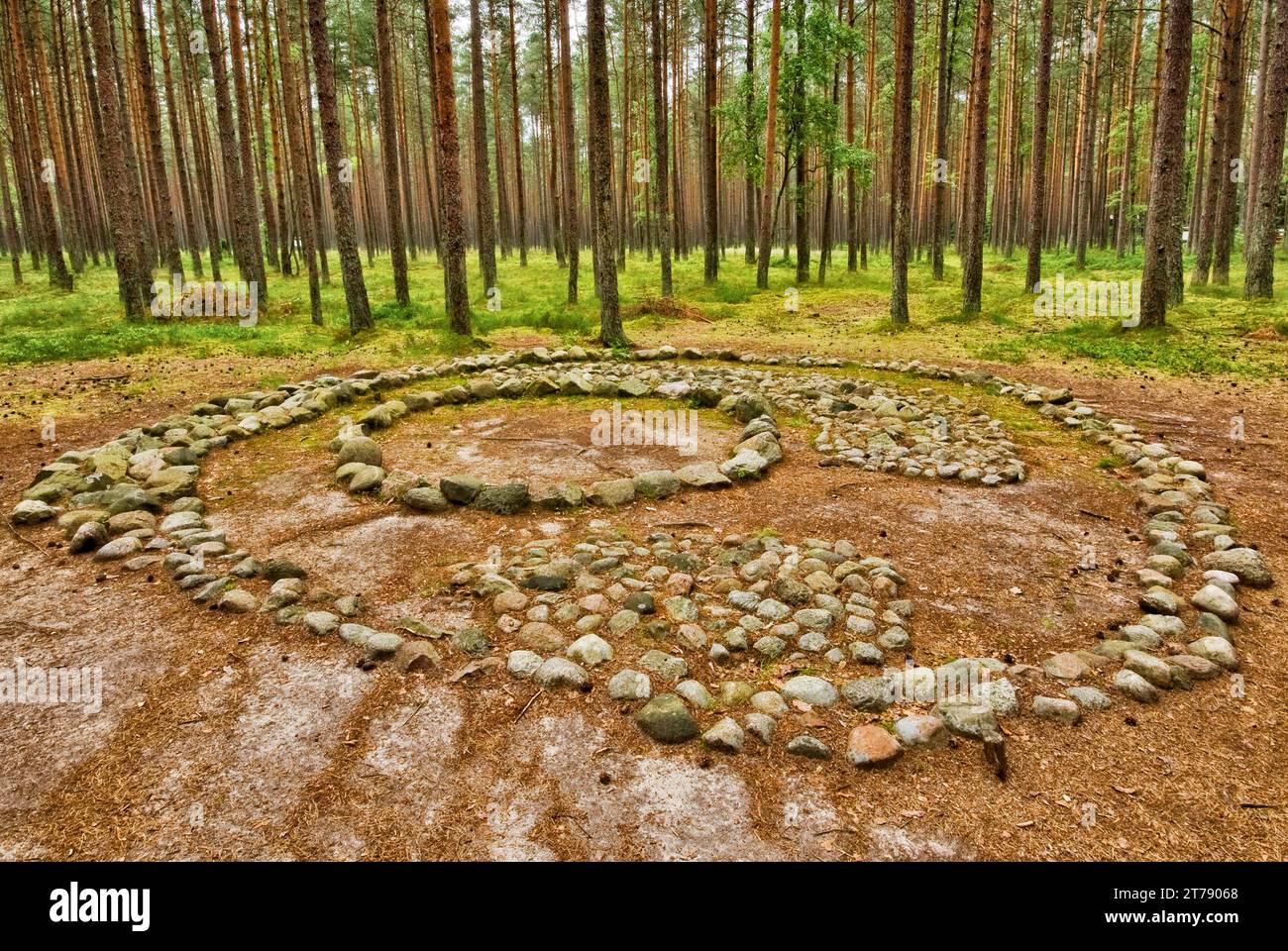 Wielbark culture neolithic stone circles created by Goths (Geats)  at Grzybnicki Forest preserve near Koszalin, Pomerania, West Pomeranian Voivodeship Stock Photo
