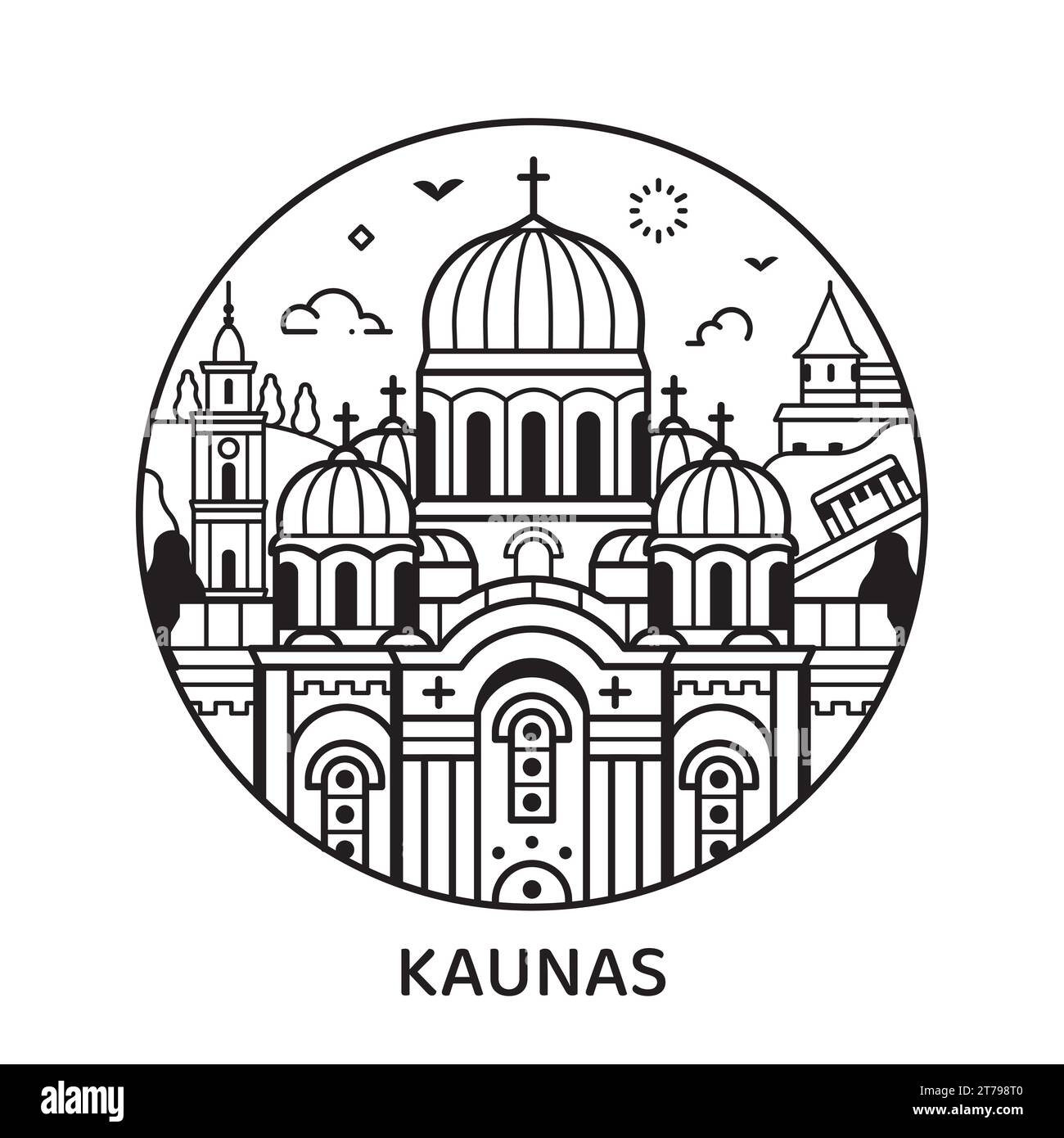 Travel Kaunas Line Circle Icon with Michael Church Stock Vector