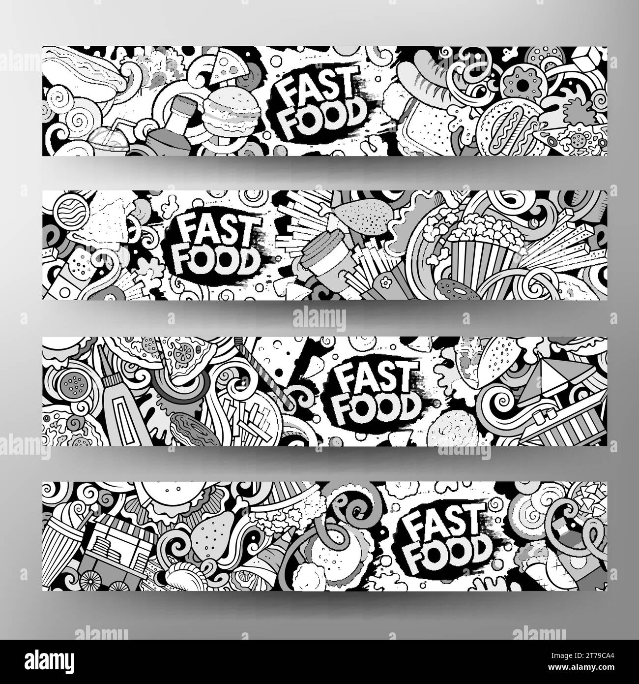 Fast food hand drawn doodle banners set. Cartoon detailed flyers. Fastfood identity with objects and symbols. Sketchy vector design elements illustrat Stock Vector