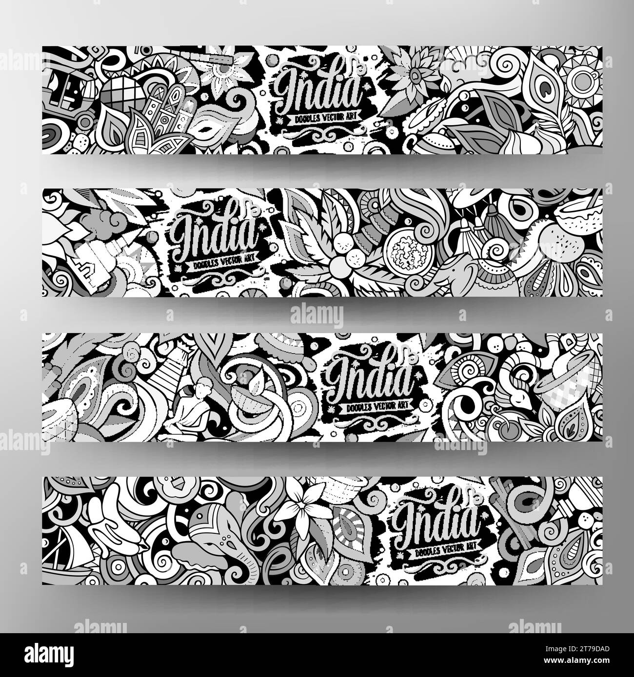 India doodle banners set. Cartoon detailed flyers. Indian culture