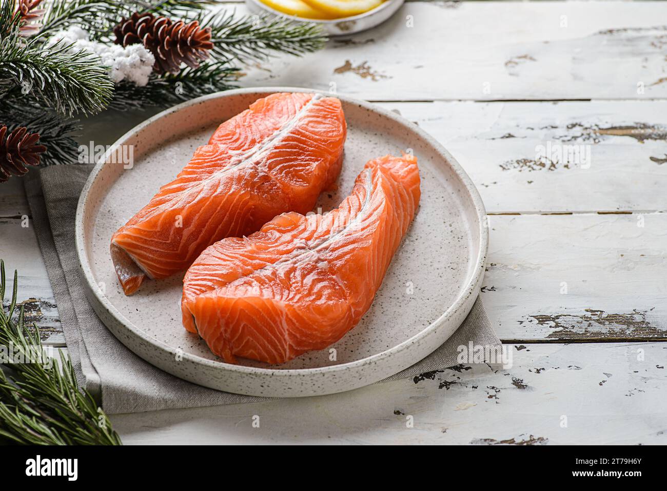 raw salmon medallions for the New Year's table  Stock Photo