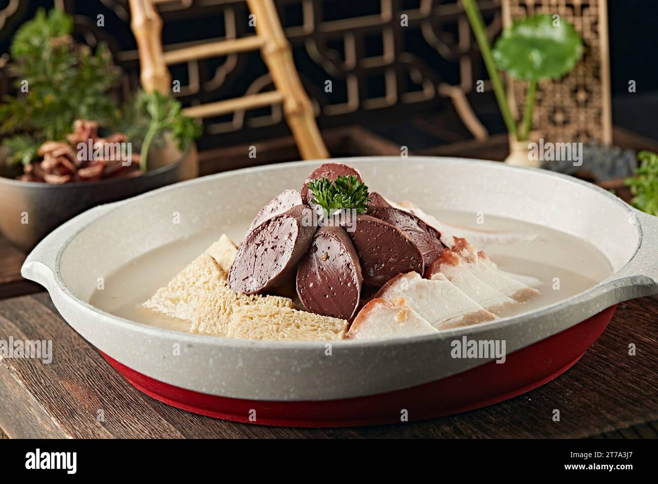 pork stew, blood sausage, pickles, tofu ,pigkilling dish,Pig stew in