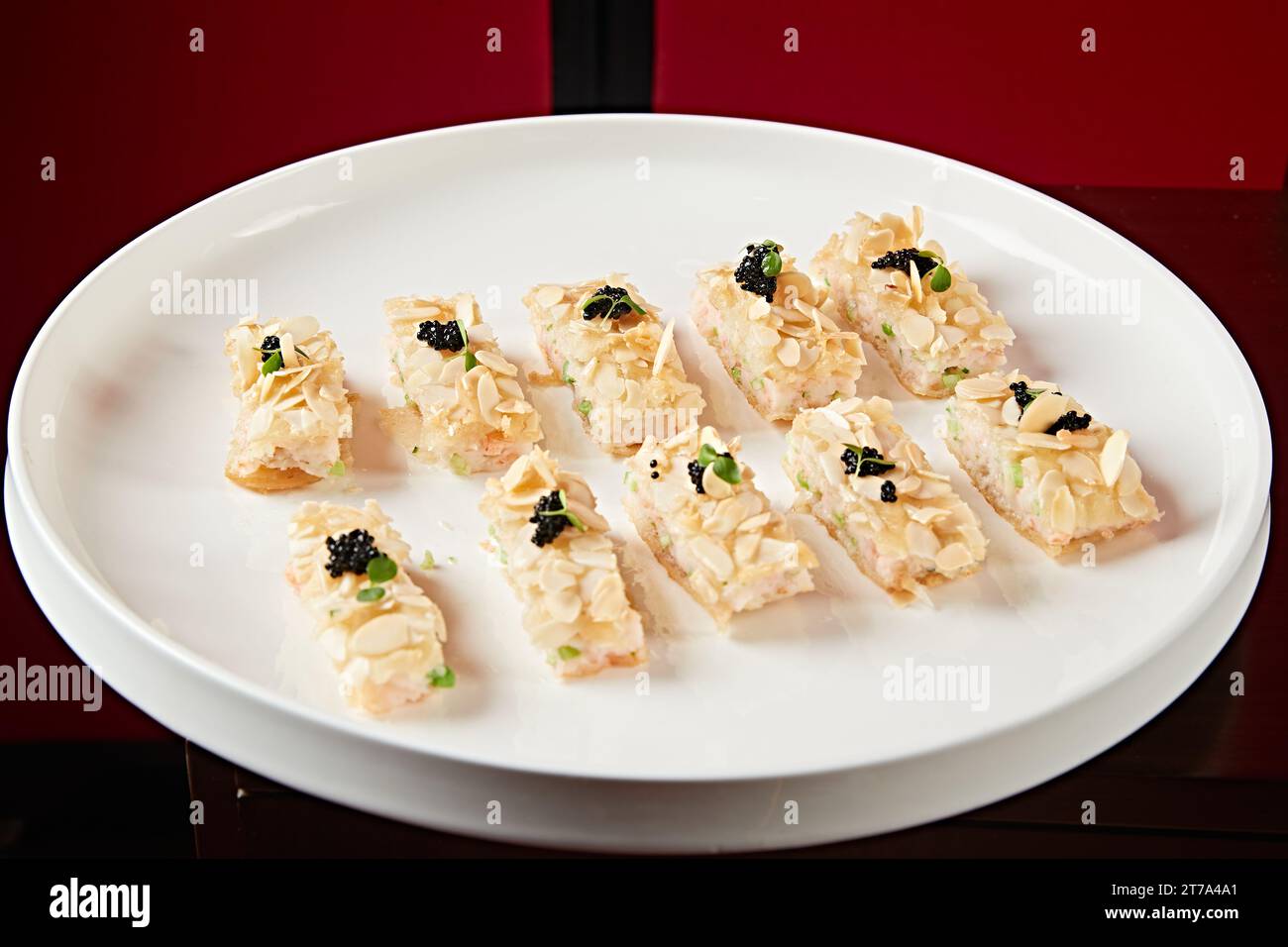 deep fried shrimp with almonds and Caviar Stock Photo