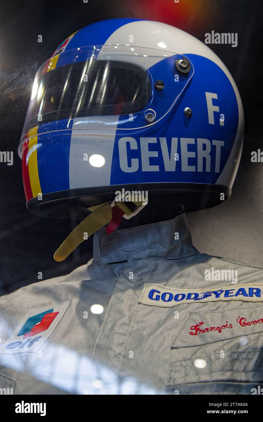 LYON, November 10, 2023 : Francois Cevert race helmet. The Epoq'auto exhibition paid tribute to french F1 driver François Cevert who died just 50 year Stock Photo