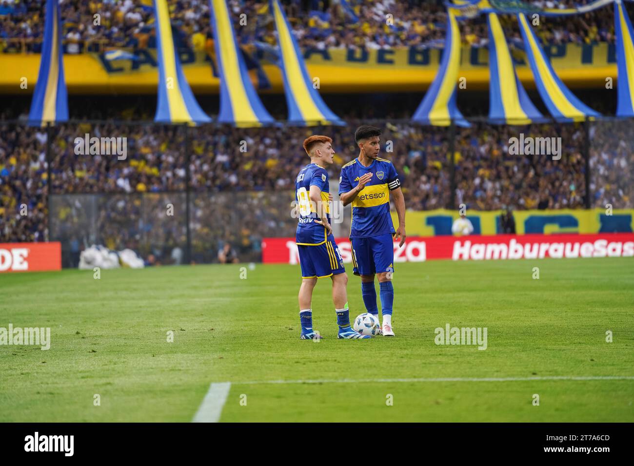 Valentin Barco and Guillermo Pol Fernandez of Boca Juniors during the Liga Argentina match between CA Boca Juniors and Newell’s played at La Bombonera Stadium on November 12, 2023 in Buenos Aires, Spain. (Photo by Santiago Joel Abdala / PRESSINPHOTO) Stock Photo