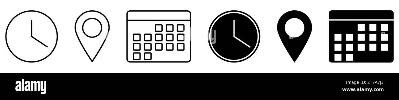 Time, date, address icons. Vector illustration isolated on white ...