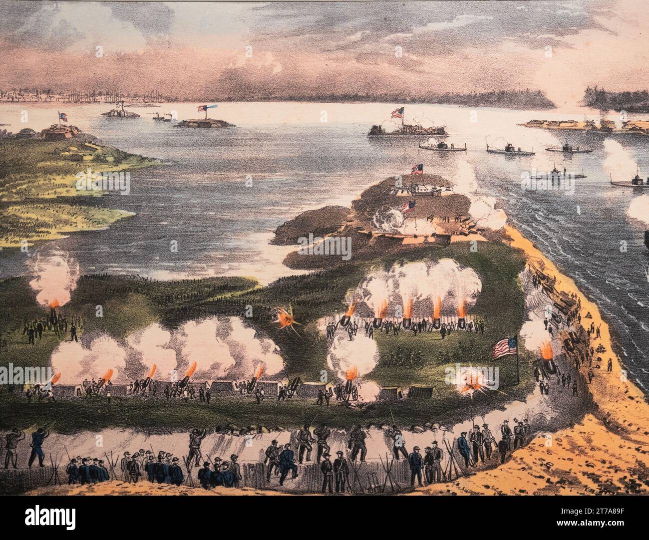 The siege of Charleston bombardment of Fort Sumter and batteries Wagner and Gregg by the Union batteries on Morris Island under command of General Gilmore August 1863 Stock Photo