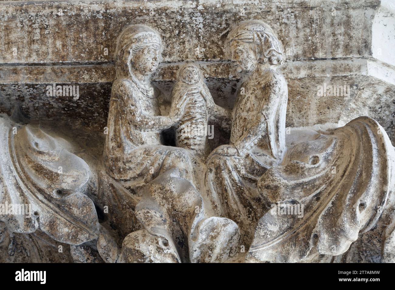 The born of the child - Love, Marriage, Fathering and Death - Column capital of Palazzo Ducale (Doge's Palace, St Mark's Square) - Venice Stock Photo