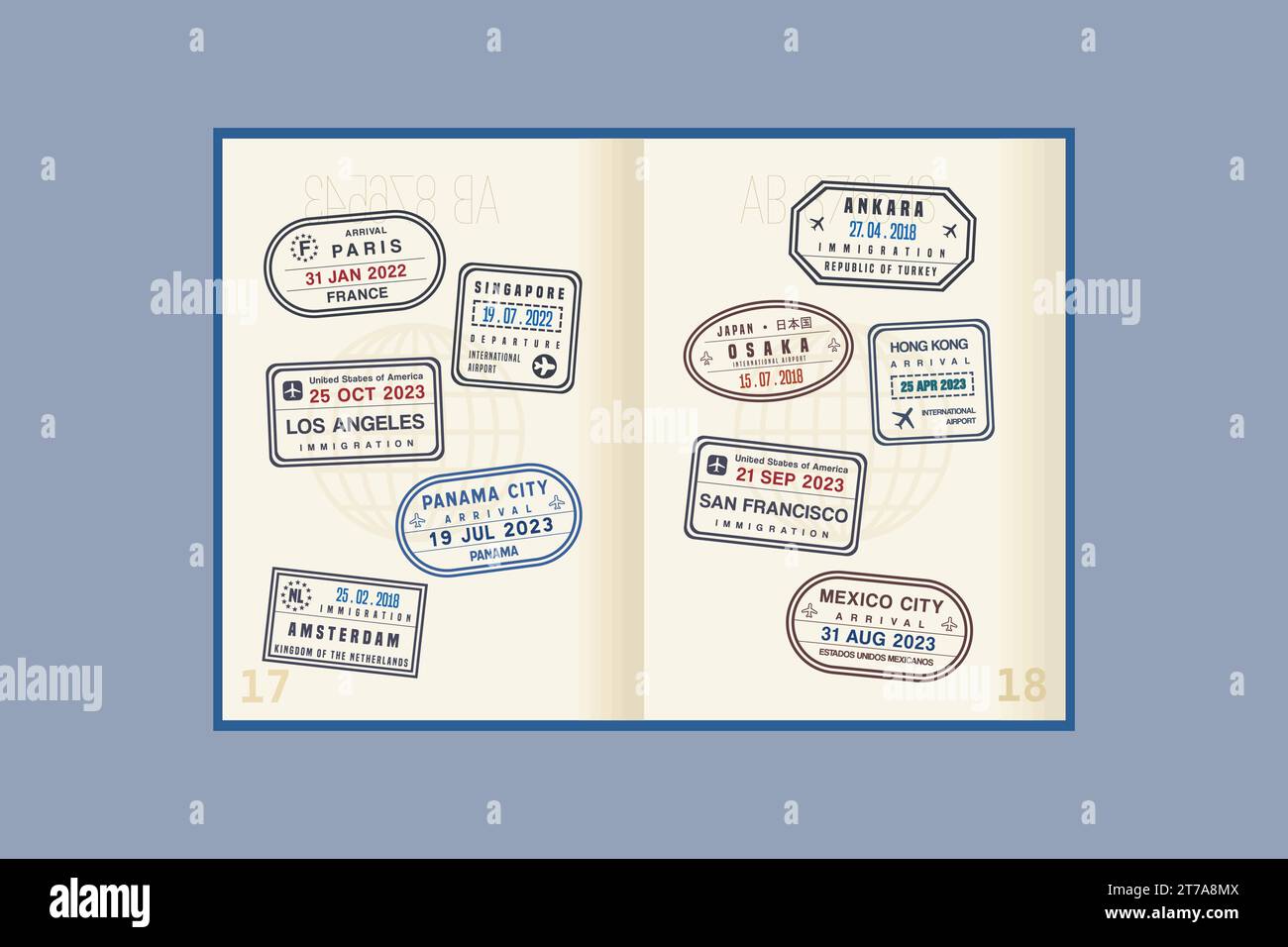 Many passport stamps on passport pages. World traveler concept